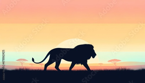 A prowling lion's silhouette against a savannah sunset-themed pastel color gradient