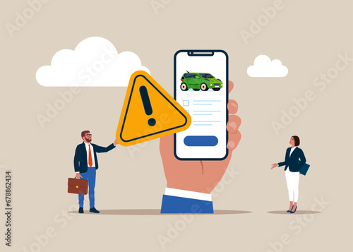 Worst interface car registration with a phone in hand. Incident with exclamation attention sign. Modern vector illustration in flat style