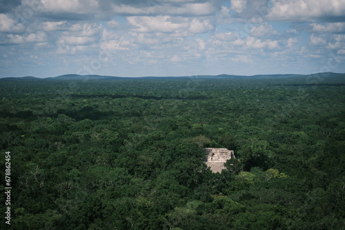 Aerial view of Calakmul old ancient Maya civilisation in Mexico jungle and pyramids from drone 