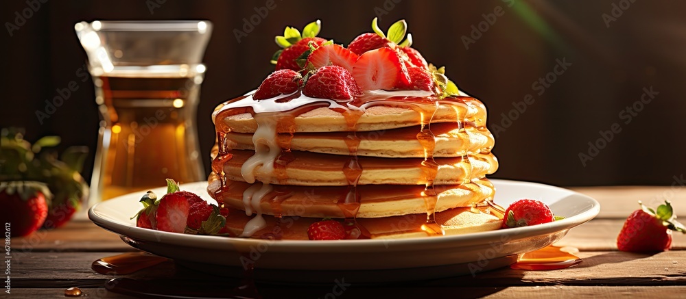 On a bright morning a mouthwatering breakfast was served on a plate delicious strawberry pancakes covered with syrup made the scene even tastier - obrazy, fototapety, plakaty 