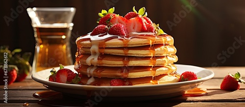 On a bright morning a mouthwatering breakfast was served on a plate delicious strawberry pancakes covered with syrup made the scene even tastier photo
