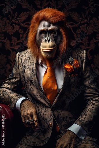 Orangutan dressed in an elegant modern orange suit with a nice tie. Fashion portrait of an anthropomorphic animal, monkey, posing with a charismatic human attitude