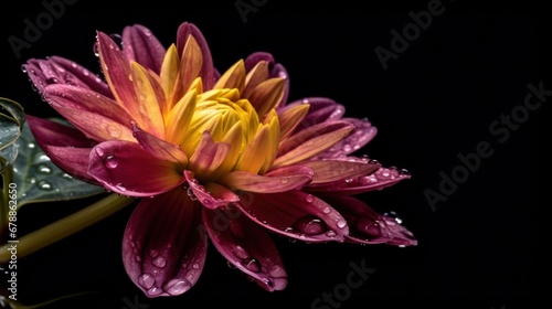 Dahlia flower close-up with water drops on petals. Springtime Concept. Mothers Day Concept with a Copy Space. Valentine's Day.