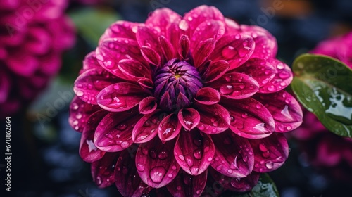 Beautiful purple dahlia flower with water drops after the rain. Springtime Concept. Mothers Day Concept with a Copy Space. Valentine's Day.