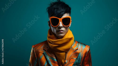 Gentleman wearing black  glasses on luxury green background , Beautiful fictional male  model in colorful stylish fashion clothes and sunglasses