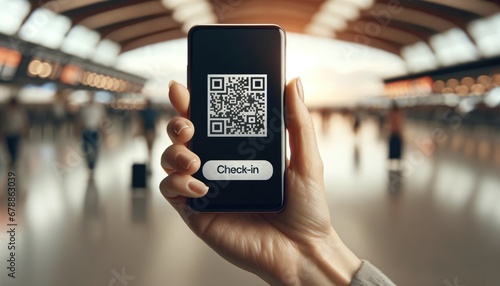 Middle-aged woman's hand with natural skin texture, holding a smartphone with QR code at the airport for e-reservation of flight ticket with check-in word on it