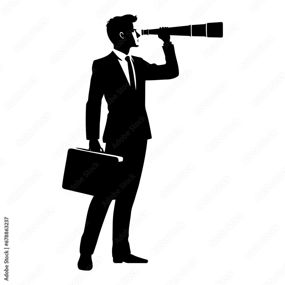 Obraz premium Businessman looking telescope silhouette. Forecast, vision in business concept. Vector illustration