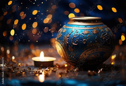 Festive Glow: Blue Glass Jars with Lit Candles Creating a Warm Ambiance Against a Golden Bokeh Background