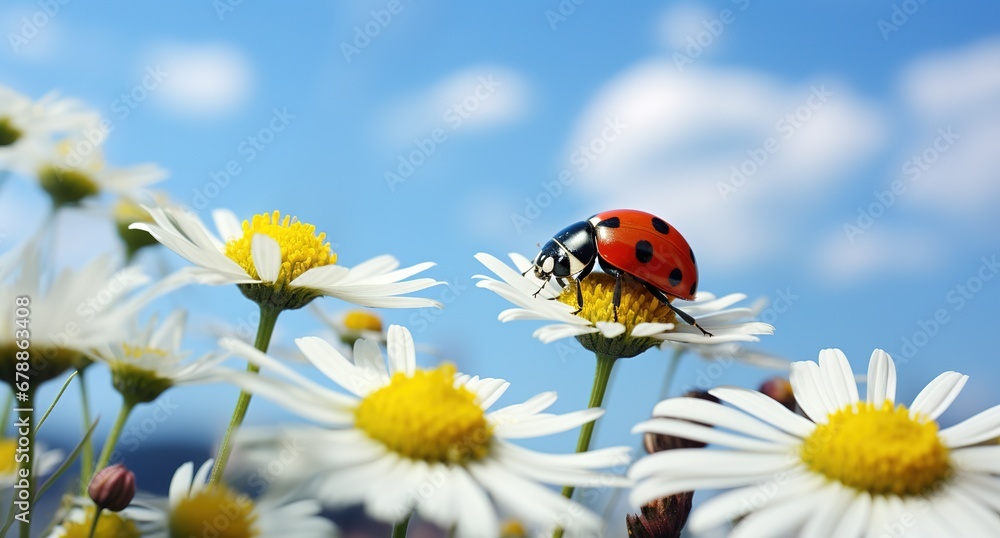 Close-Up of a Ladybug on a Daisy Flower Against a Vibrant Blue Sky