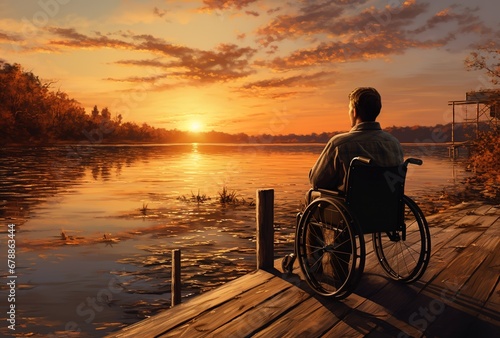 man sitting in a wheelchair at sunset.