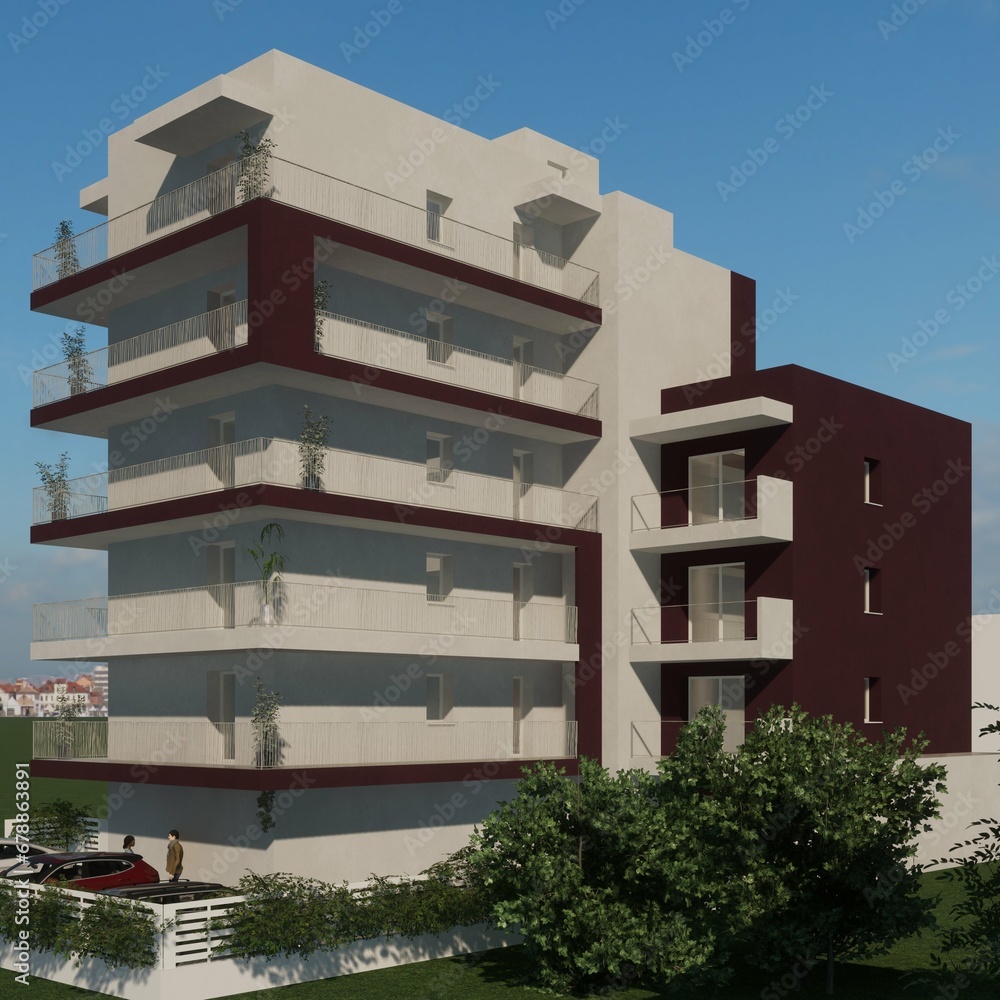 Obraz premium Modellazione 3D e rendering di edificio residenziale moderno