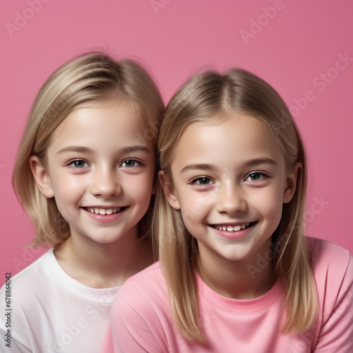 two little girls wearing light clothes smiling and posing on pink background, realism, hyperrealism, high quality 