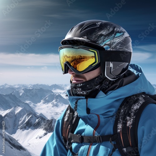 A young man with a helmet and ski goggles, snowy mountains in the background. Generative AI.