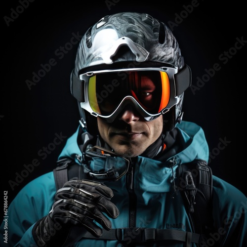 Young man with helmet and ski goggles. Ski equipment. Generative AI.