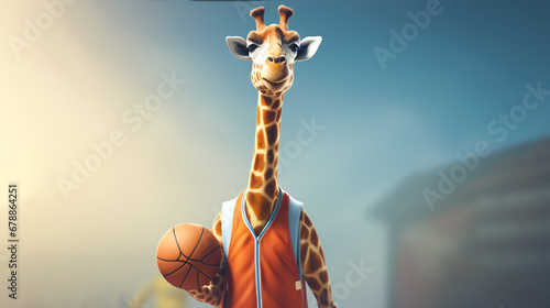 Giraffe in sports T-shirt and sports sneakers plays basketball. Anthropomorphic animals. Banner.