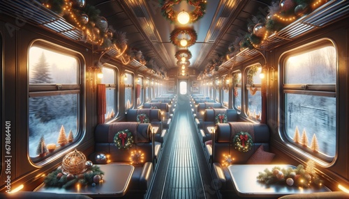 Train interior decorated with a Christmas theme.