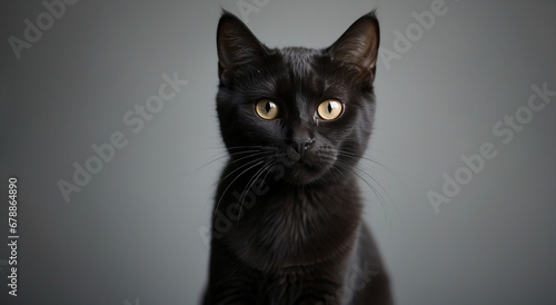 A portrait of a cute black cat in an defocused gray background - AI Generative