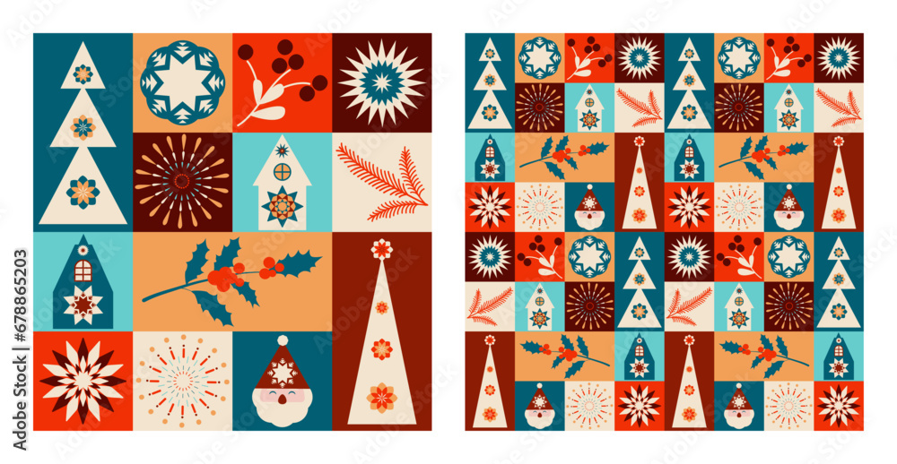 Fototapeta premium Christmas seamless pattern with simple geometric shapes. Template postcard, poster, covers.