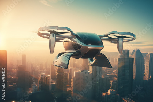 Flying car in sky. Electric air car flight above a cityscape. Future Flying Mobility. Futuristic Flying Transport. Urban Air Mobility (UAM), Flying unmanned car. Fly cars in drive in sky. Self driving