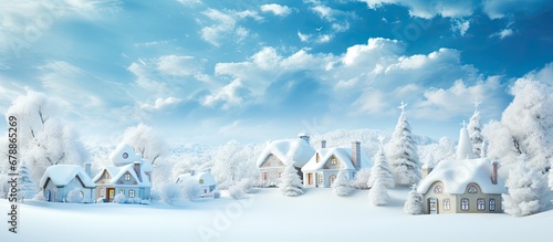 snowy winter landscape with a backdrop of a blue sky a charming white house stood amidst the picturesque nature The buildings architecture was adorned with a beautiful snowy white box resemb © TheWaterMeloonProjec