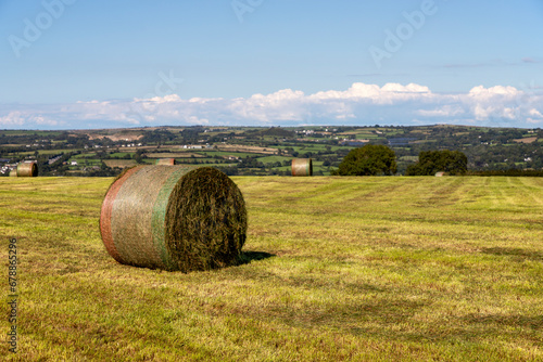 Focus on hay bale in the foreground in rural field