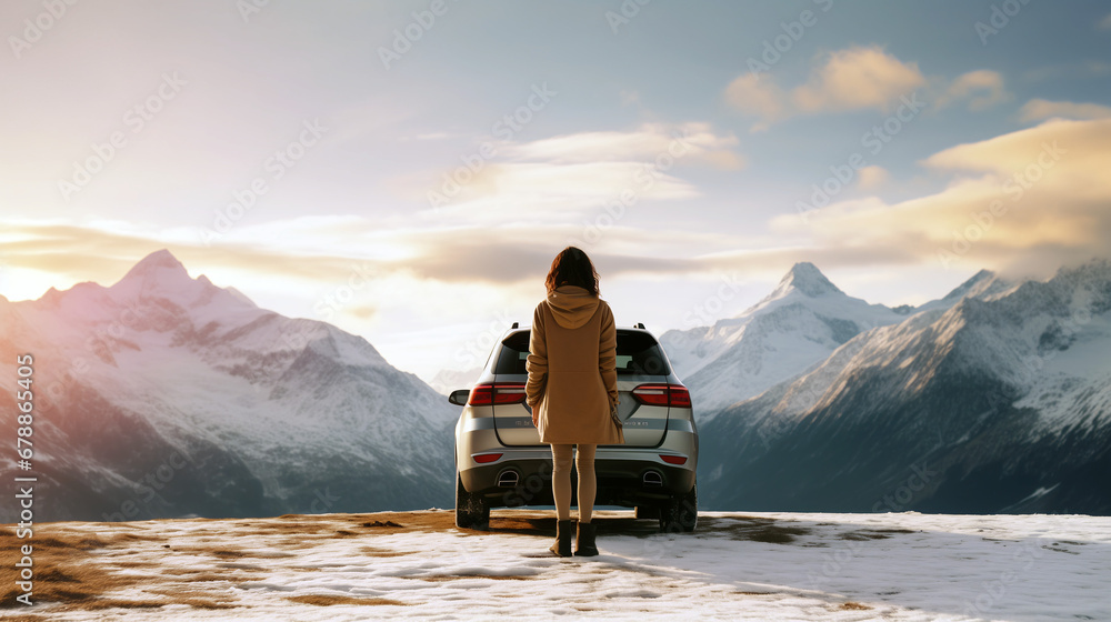 Woman traveling exploring, enjoying the view of the mountains, landscape, lifestyle concept winter vacation outdoors. Female standing near the car in sunny day, travel in the mountains, freedom - obrazy, fototapety, plakaty 