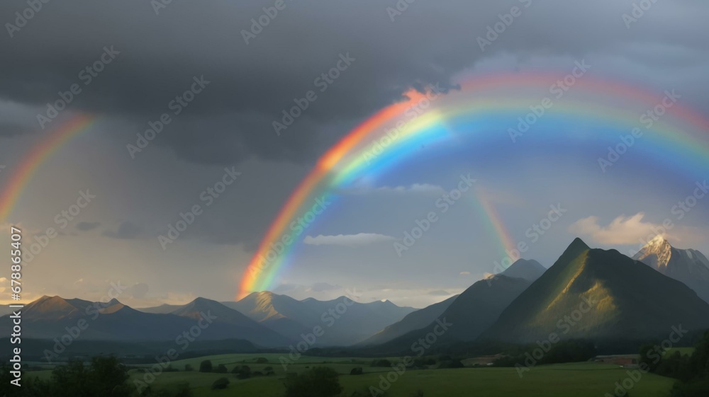 Brilliant Rainbow appearing in the sky after a rain fall in a landscape with mountains in the distance Brilliant Rainbow appearing in the sky after a rain fall in a landscape with mountains in the distance