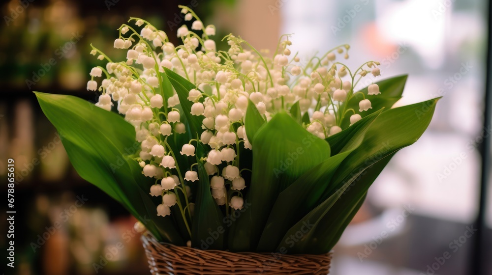 Lily of the valley flowers bouquet in flower shop. Springtime Concept. Mothers Day Concept with a Copy Space. Valentine's Day.