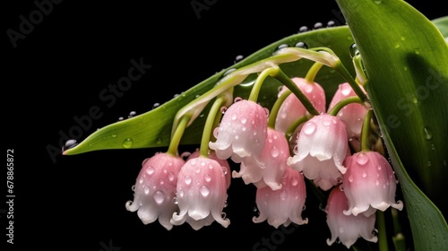 lily of the valley on a black background with water droplets. Springtime Concept. Mothers Day Concept with a Copy Space. Valentine's Day.