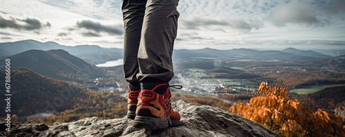 Close up sneakers in the mountain climbing photo