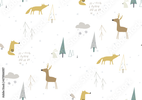 Seamless winter pattren with forest animals