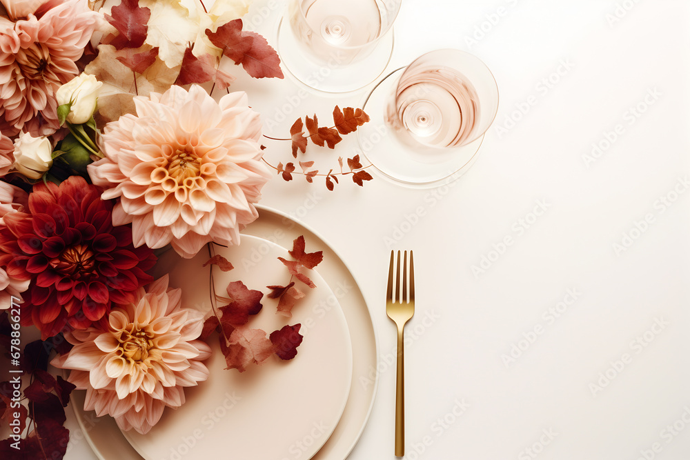 Elegant Wedding Decor: Top View of Refined Table Setting with Flowers on Cream White Tablecloth Elegant Wedding Decor: Top View of Refined Table Setting with Flowers on Cream White Tablecloth