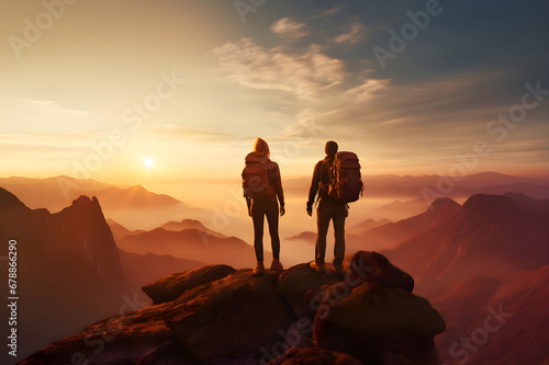 Couple of man and woman hikers on top of a mountain at sunset or sunrise, together enjoying their climbing success and the breathtaking view, looking towards the horizon