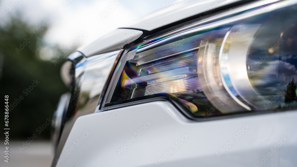 Close up of the headlight of a modern white car