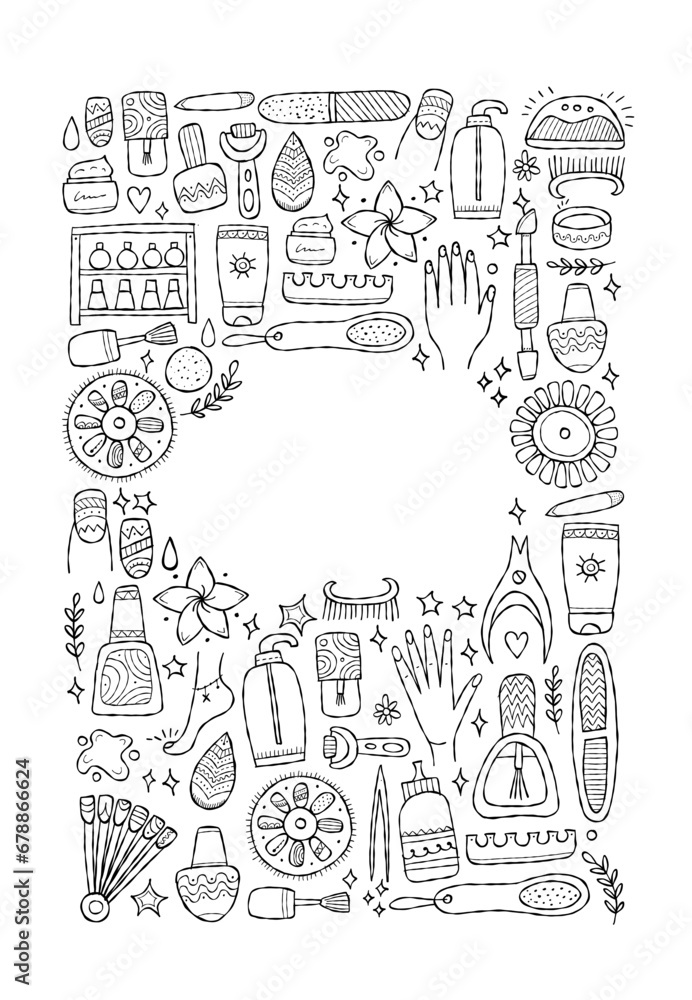 Manicure and pedicure collection. Icons set. Vertical background for your design. Colouring page
