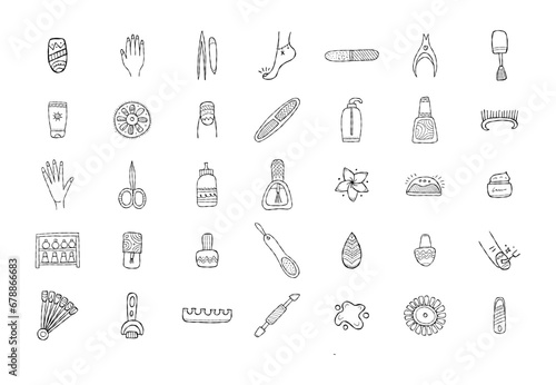 Manicure and pedicure collection. Icons set for your design. Colouring page photo