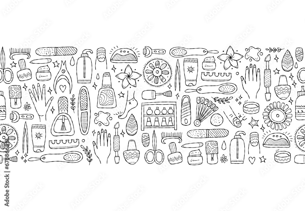 Obraz premium Manicure and pedicure collection. Horizontal seamless pattern background for your design. Colouring page