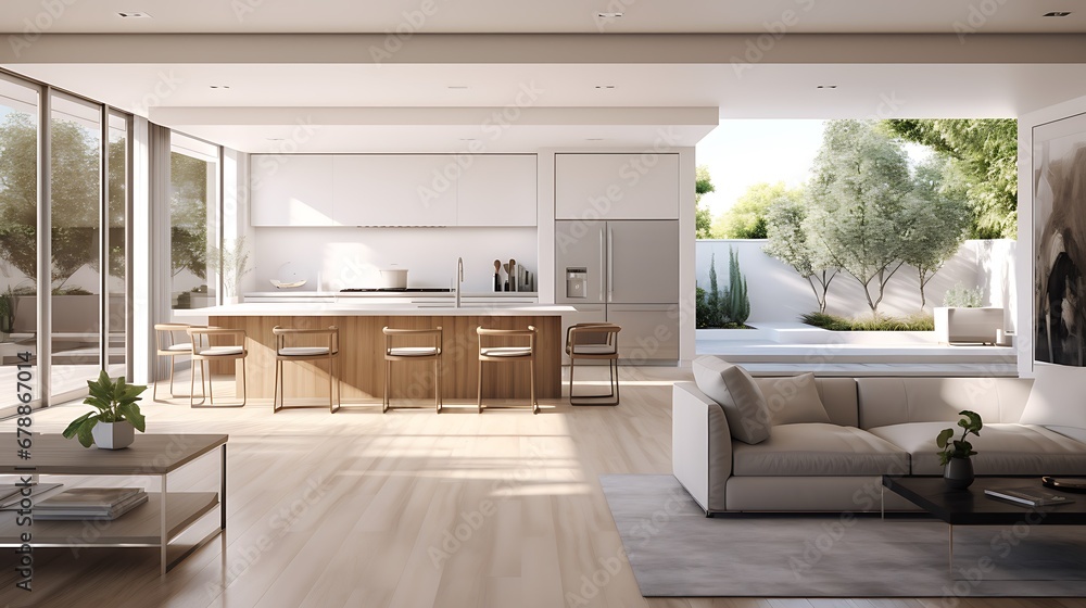A modern minimalist home interior design with clean lines, sleek furniture, and neutral color palette, featuring an open-concept living space connected to a spacious kitchen, bathed in natural light A modern minimalist home interior design with clean lines, sleek furniture, and neutral color palette, featuring an open-concept living space connected to a spacious kitchen, bathed in natural light