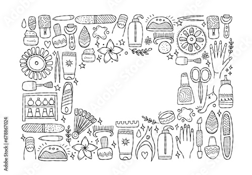 Manicure and pedicure collection. Icons set. Horizontal background for your design. Colouring page