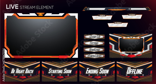 live gaming stream orange gradient neon set of overlay, facecam, panel and background element design
