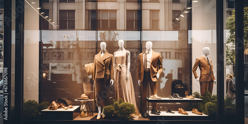 Luxury clothing fashion shop with mannequins, Elegant clothing collection displayed in modern boutique window shopping. Generative Ai photo