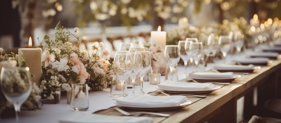 In the serene background of a vintage restaurant a beautifully designed table adorned with white floral arrangements and summer flowers captured the essence of nature and love adding a touch