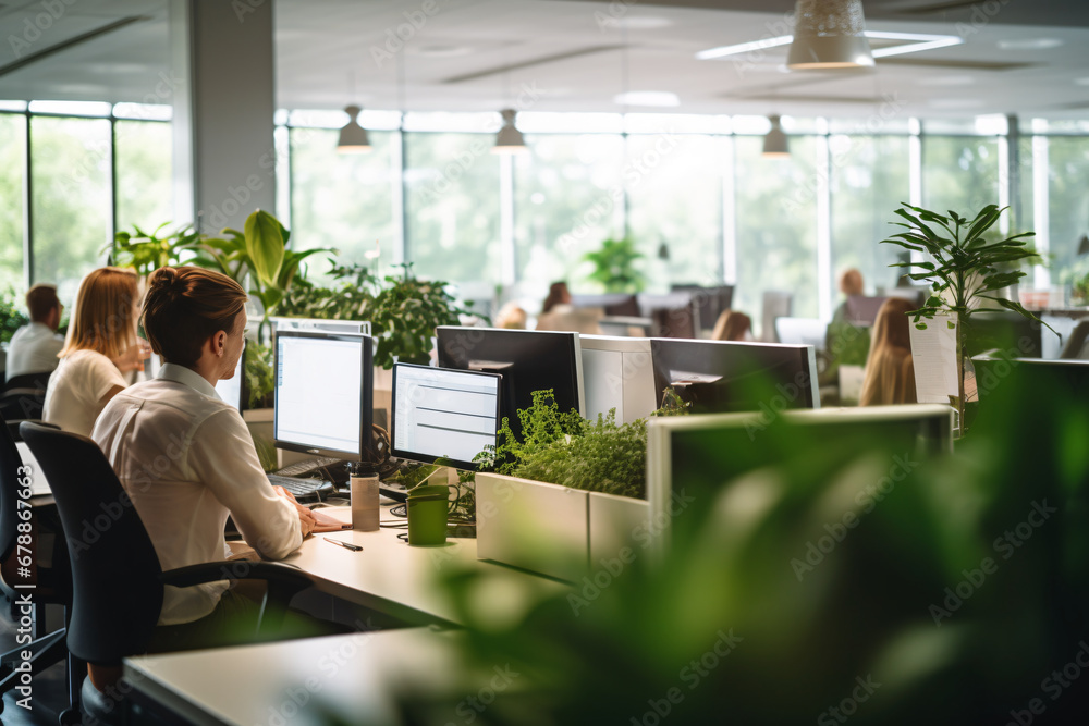 a modern office with many plants