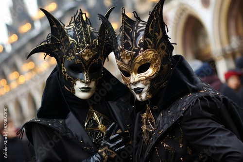 Exquisite masquerade ball at venice carnival with an array of ornate masks and dazzling costumes