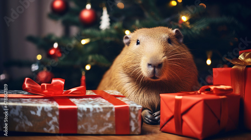 Brown guinea pig sitting on a box with a Christmas present, celebrating the holiday in a family with a pet, smart pets, High quality photo photo