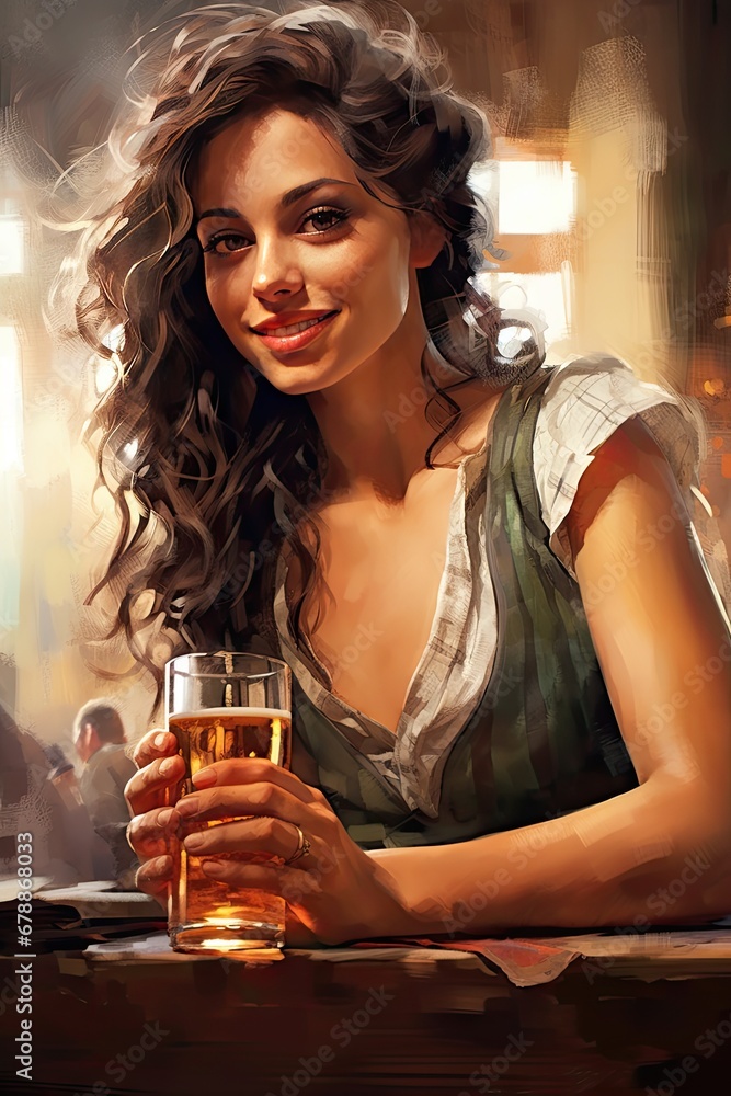 Curly-haired woman in a bar, cradling a half-full beer glass. Curly-haired woman in a bar, cradling a half-full beer glass.