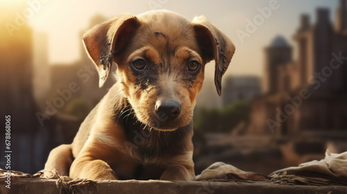 A homeless puppy with soulful eyes at sunrise.