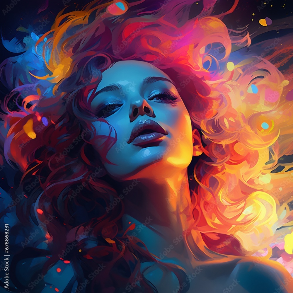 Glowing woman's head with hair in shaw style beautiful image Ai generated art