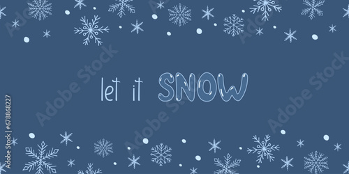 Winter snow border with place for text. White hand drawn snowflakes on dark blue background. Christmas festive frame for design