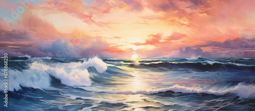 The artist skillfully painted a colorful watercolor landscape capturing the vibrant texture of nature with broad strokes on paper depicting a stunning sunrise over the sea where the waves da photo